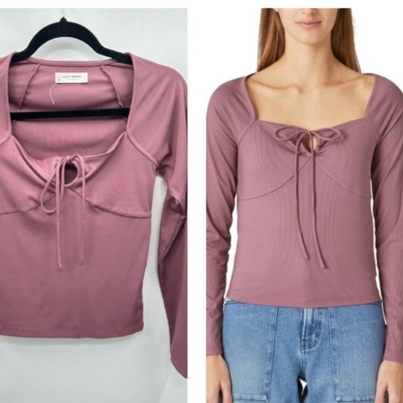 L LUCKY BRAND convertible ribbed pink woman poly blend keyhole coquette top - Picture 2 of 13